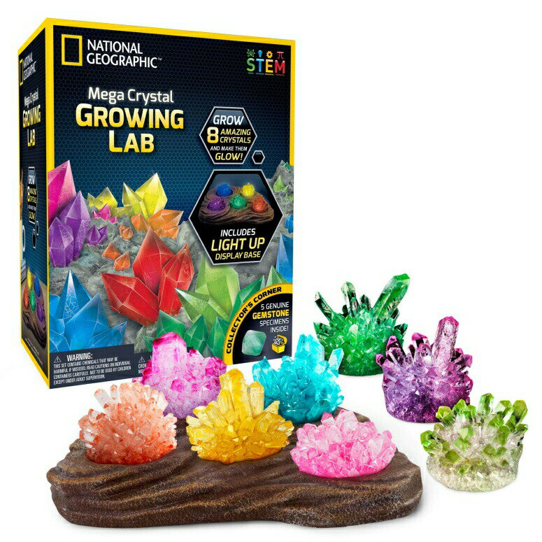 ナショナルジオグラフィック 水晶 おもちゃ NATIONAL GEOGRAPHIC Mega Crystal Growing Lab - 8 Vibrant Colored Crystals To Grow with Light-Up Display Stand & Guidebook - Includes 5 Real Gemstone Specimens Including Amethyst & Quartz 