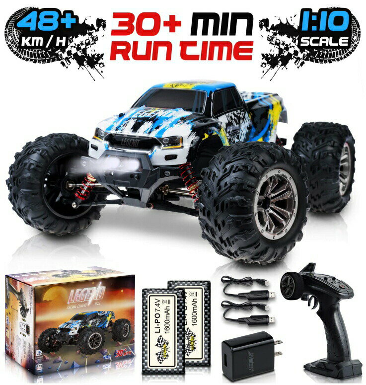 RCカー オフロードラジコンカー 1:10 Scale Large RC Cars 48 kmh Speed - Boys Remote Control Car 4x4 Off Road Monster Truck Electric - All Terrain Waterproof Toys Trucks for Kids and Adults - 2 Batteries Connector for 30 Min Play 【並行輸入品】