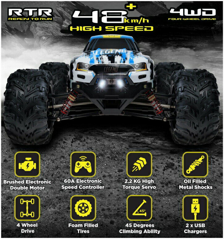 RCカー オフロードラジコンカー 1:10 Scale Large RC Cars 48+ kmh Speed - Boys Remote Control Car 4x4 Off Road Monster Truck Electric - All Terrain Waterproof Toys Trucks for Kids and Adults - 2 Batteries + Connector for 30+ Min Play 【並行輸入品】