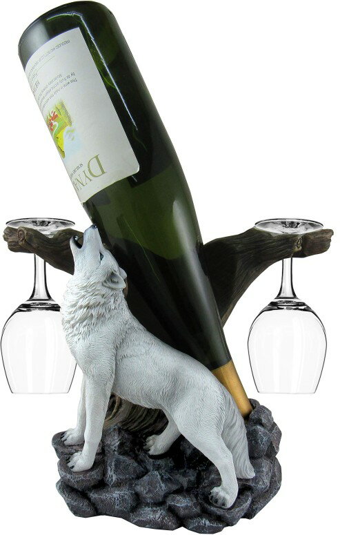 ワインホルダー ウルフ 狼 卓上ワインラック DWK - Wine of The Wild - Howling White Wolf Wine Display Set with Glasses Mountain Forest Woodland Bottle Holder Home Decor Table Centerpiece Kitchen Accessory Dining Accent, 10-inch 