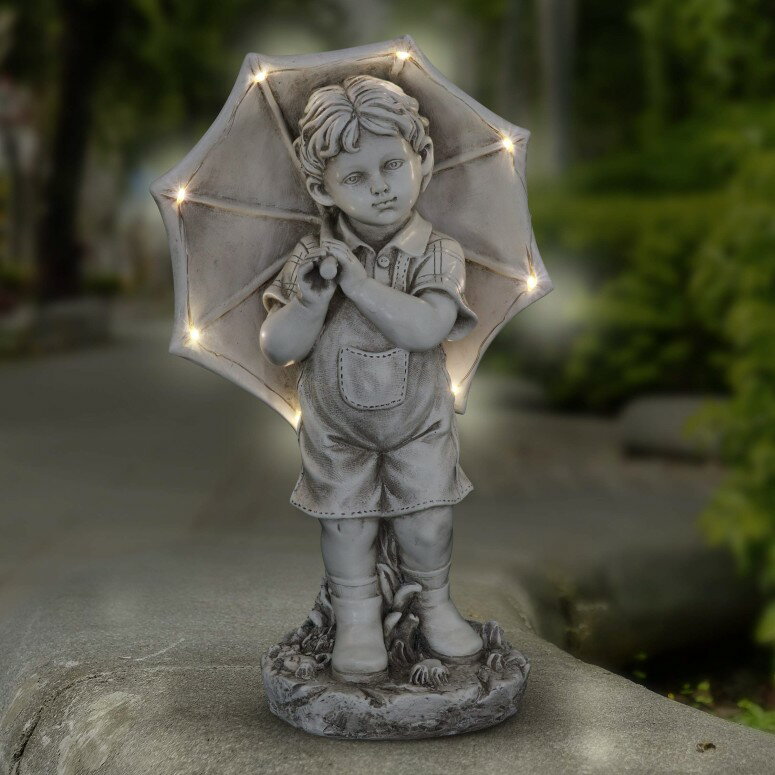 ガーデンライト LEDソーラーライト 男の子 傘 Exhart Solar Boy with Umbrella Statue in Natural Resin Finish, 19 Inch 【並行輸入品】