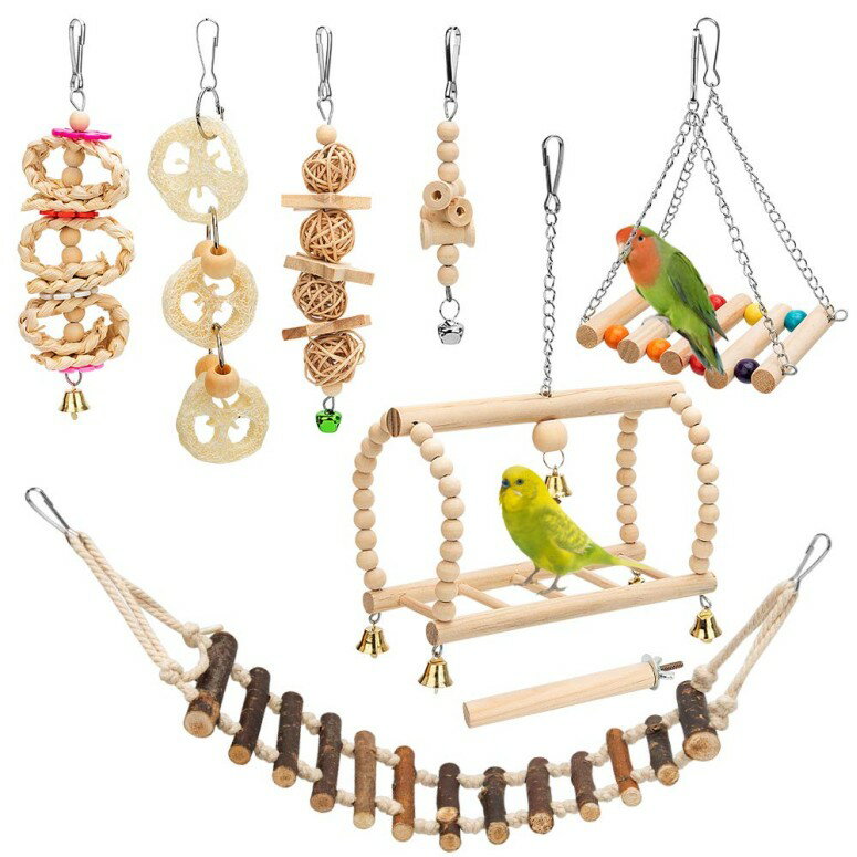 pi ObY IE CR IJCR \o  ZLZC ̂ 8 Packs Bird Parrot Swing Hanging Toy,Natural Wood Bell Bird Cage Toys for Parrots, Parakeets, Cockatiels, Conures, Finches,Budgie,Parrots, Love Birds, Au ysAiz