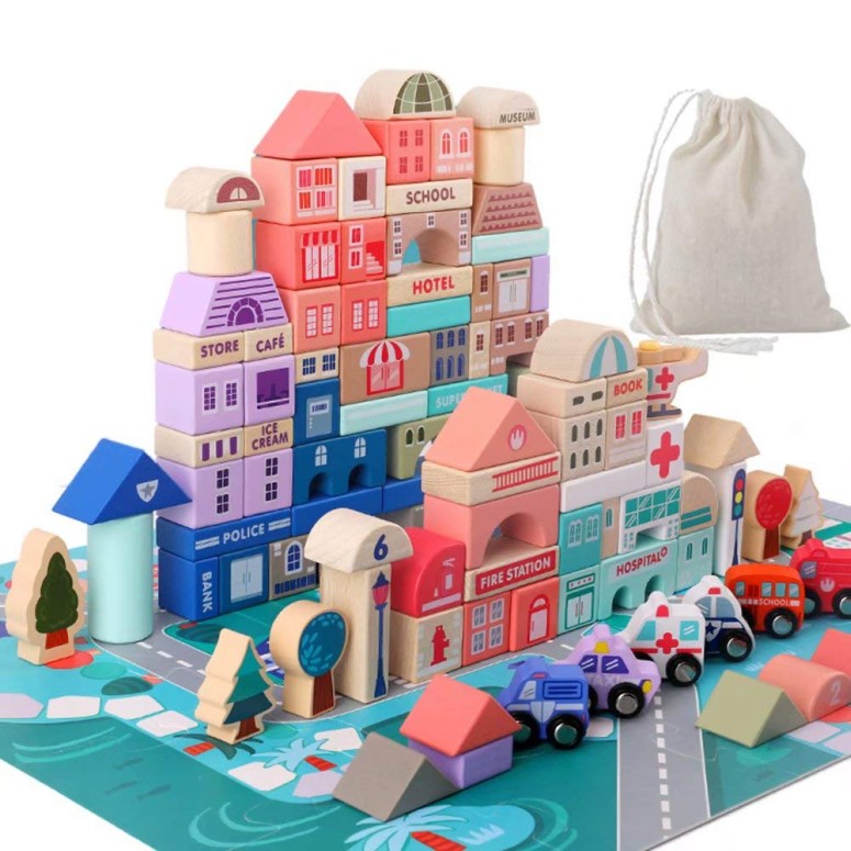 都市建設 知育玩具 木製おもちゃ Wooden Building Blocks Set , City Construction Stacker Stacking Preschool Learning Educational Toys , Toddler Toys for 3+ Year Old Boy and Girl Gifts . 【並行輸入品】