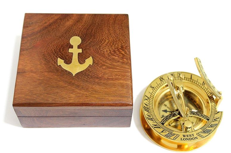 真鍮製 日時計 コンパス 真ちゅう サンダイアル 3" Sundial Compass with Teak Wood Box Inlaid with Solid Brass 