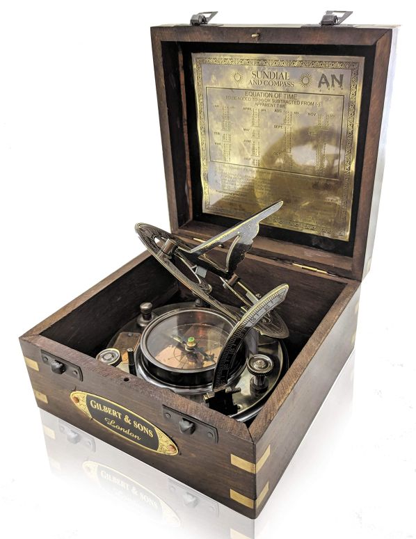 真鍮製 日時計 コンパス 真ちゅう サンダイアル Ahad Nautical Brass Sundial Compass with Brown Wooden case | Top Grade 5'' inch Perfectly Celebrated Gilbert & Sons Vintage Gift Item | Engraved Brass Sundial with Embossed Needle 