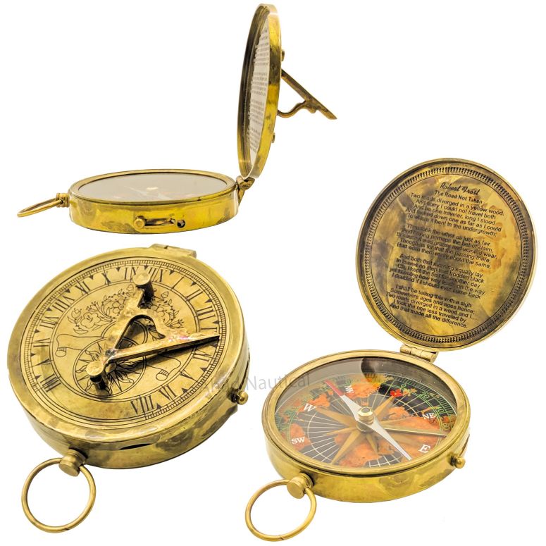 真鍮製 日時計 コンパス 真ちゅう サンダイアル Brass Nautical Sundial Compass Pocket Compass Engraved Robert Frost Poem Solid Brass Sundial Marine Compass for Hiking & Best dad Gift idea 【並行輸入品】