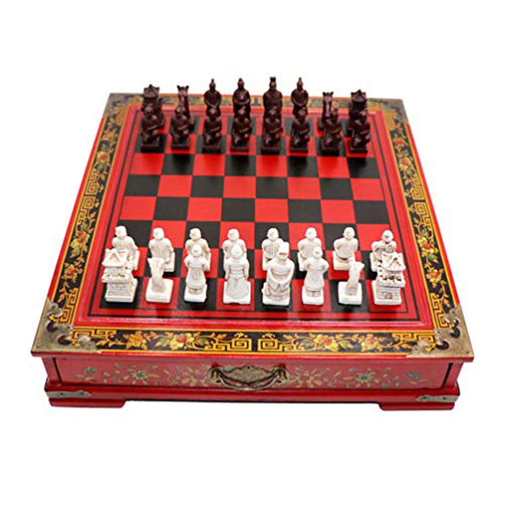 å IADUMO Classic Family Chess Board Game Retro Terracotta Warriors Chess Set Wooden Chessboard and 3D Resin Chessman Pieces for Kids and Adults (15 x 13.8 Inch) ¹͢ʡ