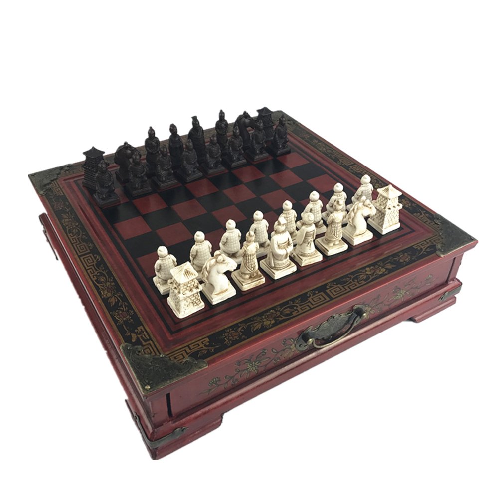 チェスセット Ireav Retro Terracotta Warriors Chess Set for Kids and Adults Classic Family Chess Board Game with Folding Wooden Chessboard 3D Resin Chess Pieces and Storage Slots 1…