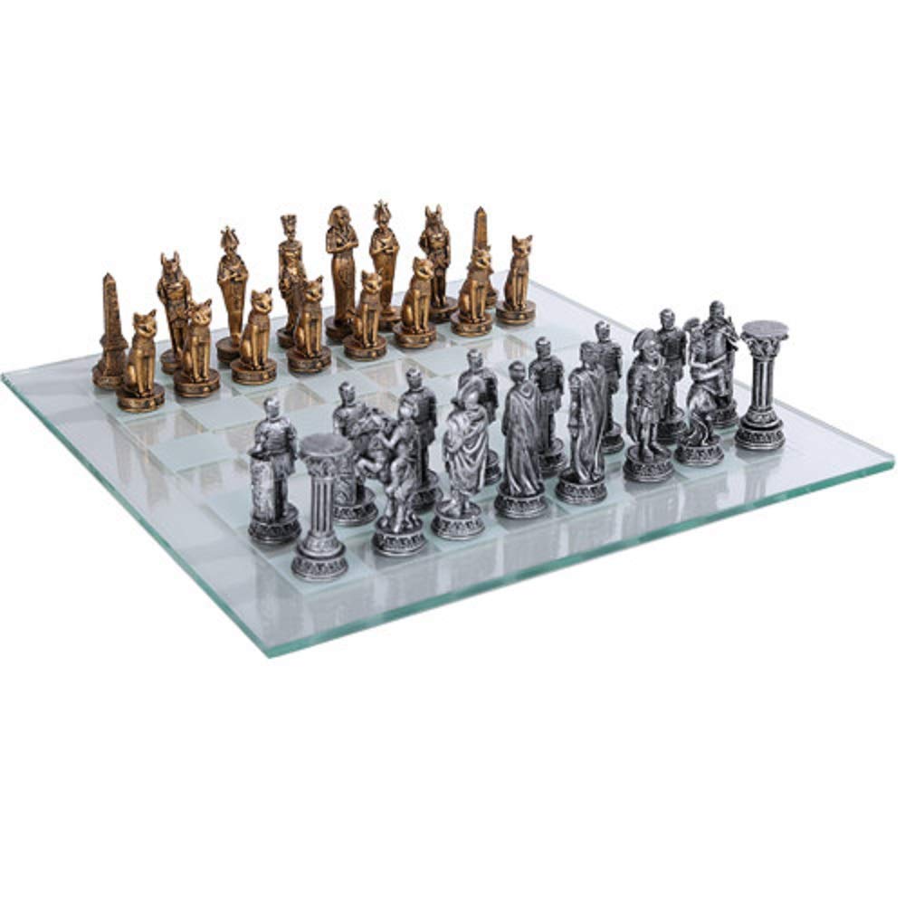 ※重さ:　約3.2 kg ※パッケージサイズ:　約43 x 9 x 43 cm ※輸入品です。 ※説明は英語表記になります。 ※海外からの配送の為、納期に遅延が発生する場合がございます。 *Pacific Trading Egyptian vs Roman Chess Set with Glass Board New