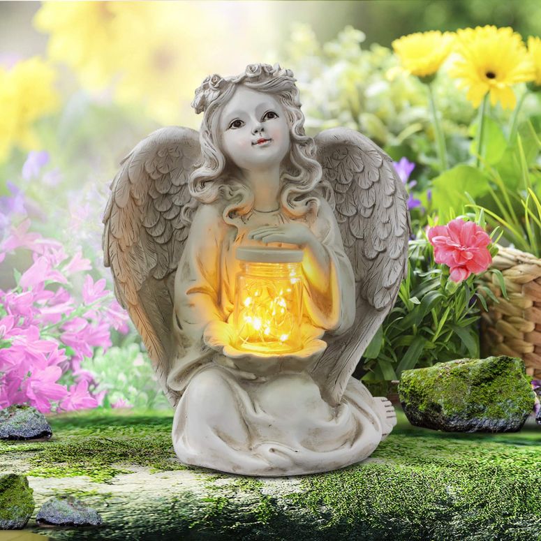 天使 LEDソーラーライト Giftchy Guardian Angel Garden Statue, Solar Lights Angel Decorations for Home, Resin Garden Decor for Outside & Memorial Gifts (9.375
