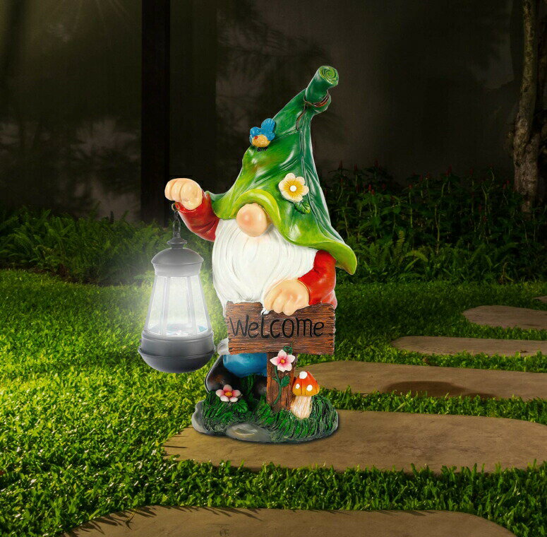 LEDソーラーライト ノーム WOGOON Garden Gnome Statue, Resin Figurine with Bright Solar Lantern Lights and Welcome Sign, Outdoor Solar-Powered Illumination Yard Art Decorations for Indoor Outdoor Patio Lawn Garden Room 【並行輸入品】