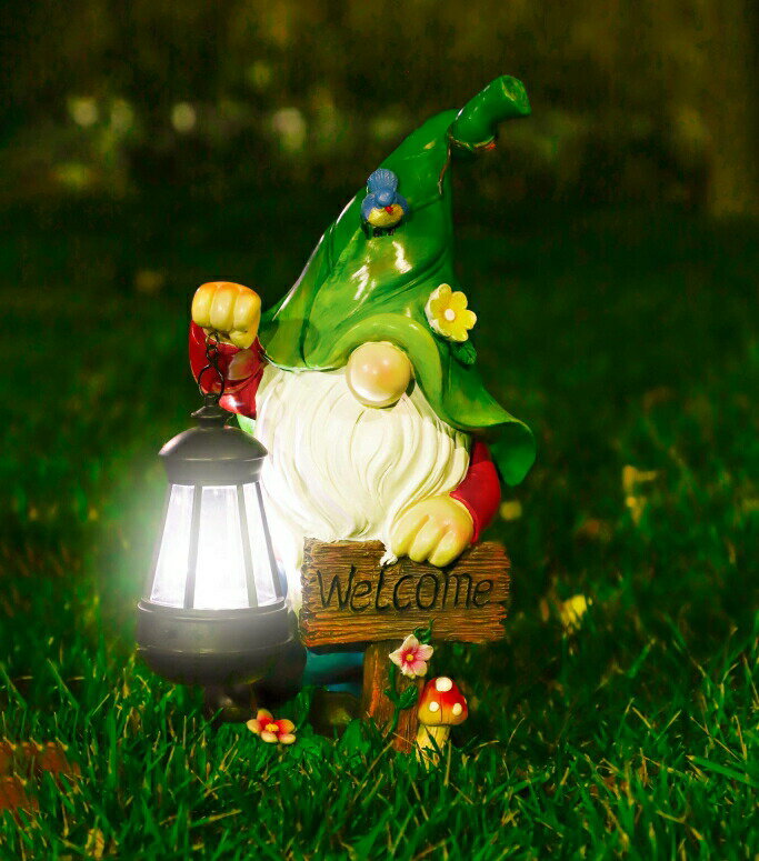 LEDソーラーライト ノーム WOGOON Garden Gnome Statue, Resin Figurine with Bright Solar Lantern Lights and Welcome Sign, Outdoor Solar-Powered Illumination Yard Art Decorations for Indoor Outdoor Patio Lawn Garden Room 【並行輸入品】