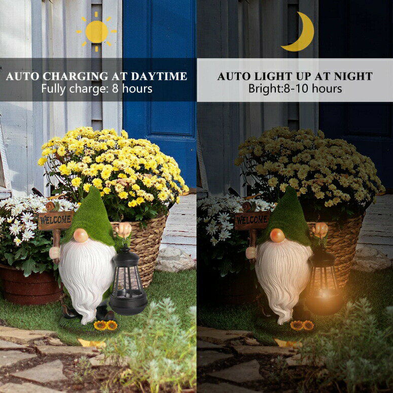 LEDソーラーライト ソーラーパワー ガーデンライト Garden Gnomes Solar Gnomes, Flocked Resin Gnomes with Solar Lights & Welcome Sign, Weather-Resistant Garden Gnome Statue Farmhouse Sculptures Decor, Gardening Gifts for Outdoor Yard P 【並行輸入品】