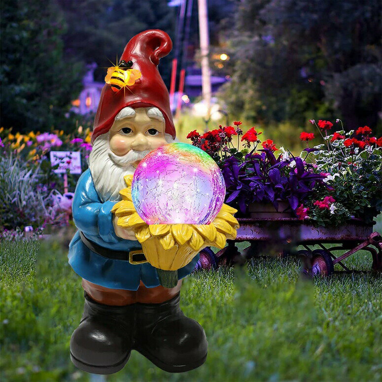 LEDソーラーライト ソーラーパワー ガーデンライト Vcdsoy Solar Garden Gnome Statue Outdoor Clearance Decor - Resin Gnomes Ornaments Carry Growing Orb on Sunflower with Colorful Lights Waterproof for Outside Decorations Patio Yard Law 