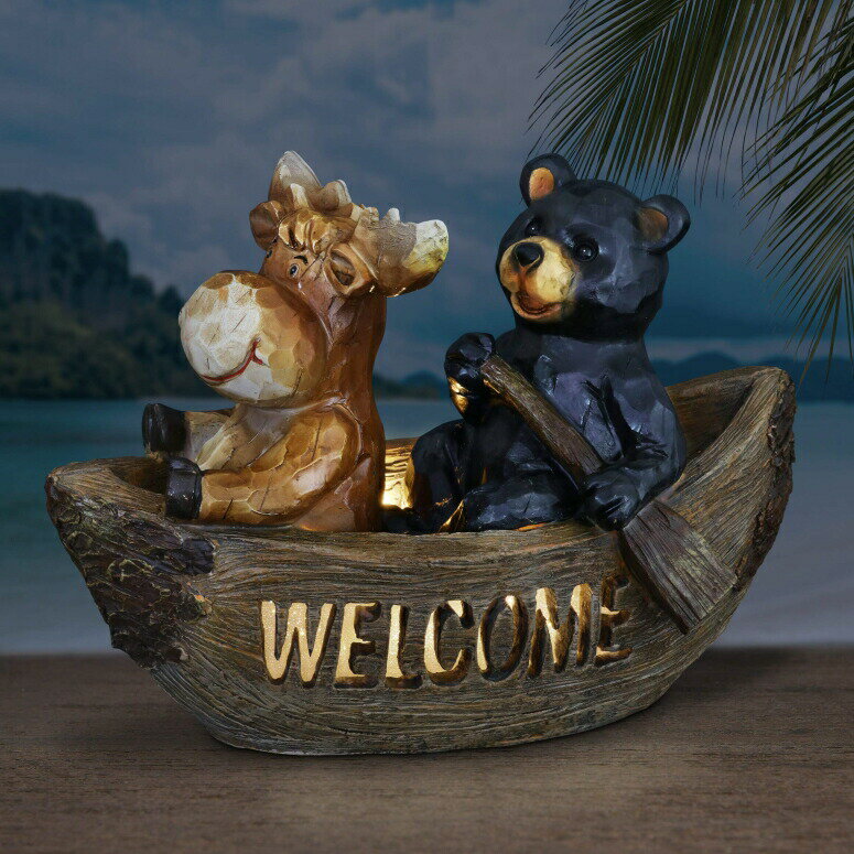 LEDソーラーライト ソーラーパワー ガーデンライト クマ Exhart Solar Bear Welcome Sign Garden Statue | Bear & Moose in Canoe |Resin Statue w/Solar Powered LED Welcome Lights |an Animal Statue for Garden D?cor| 8 inches 【並行輸入品】