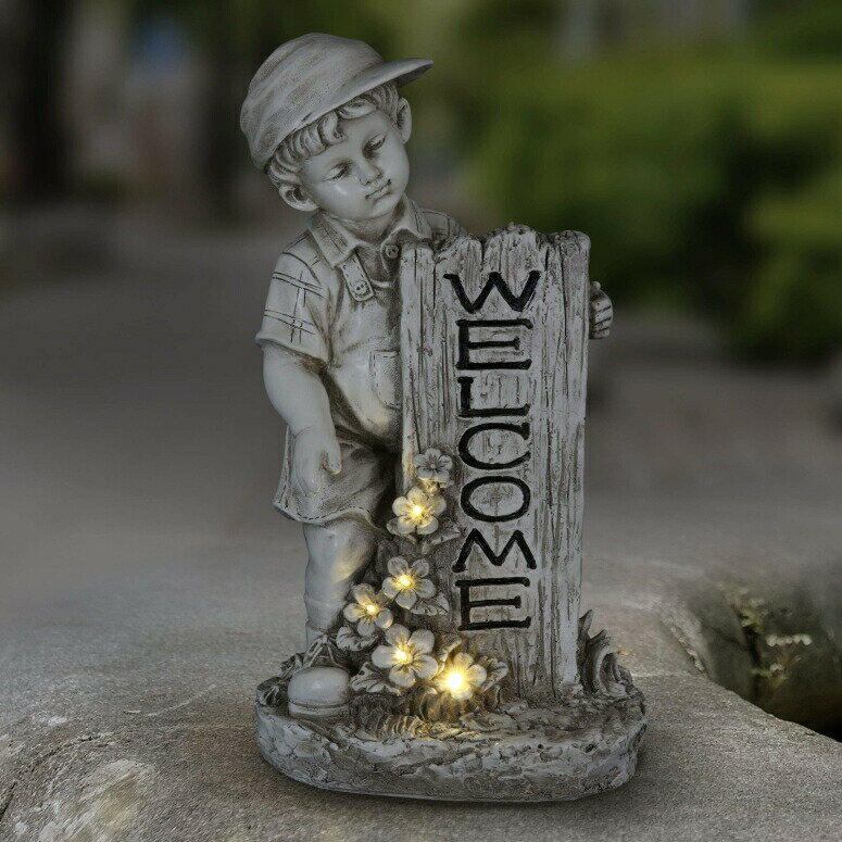 LEDソーラーライト ソーラーパワー ガーデンライト 男の子 Exhart Solar Boy w/Welcome Sign Garden Statue for Outdoor Decor Solar Powered LED Light Flowers Statue for Garden, Lawn or Yard -Made of Natural Resin Finish Art Boy Statuary 【並行輸入品】