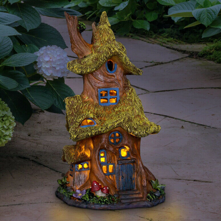 LEDソーラーライト ソーラーパワー ガーデンライト 妖精の家 Exhart Thatched Roof Tree House Garden Statue, Fairy Cottage, Resin, Solar Powered, 7