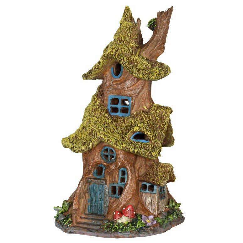 LEDソーラーライト ソーラーパワー ガーデンライト 妖精の家 Exhart Thatched Roof Tree House Garden Statue, Fairy Cottage, Resin, Solar Powered, 7