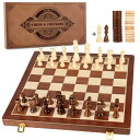 チェスセット AMEROUS 15 Inches Magnetic Wooden Chess & Checkers Set (2 in 1) - Folding Board -Gift Box Packed -24 Cherkers Pieces -2 Extra Queens - Chessmen Storage Slots, Beginner Chess Set for Kids and Adults 【並行輸入品】