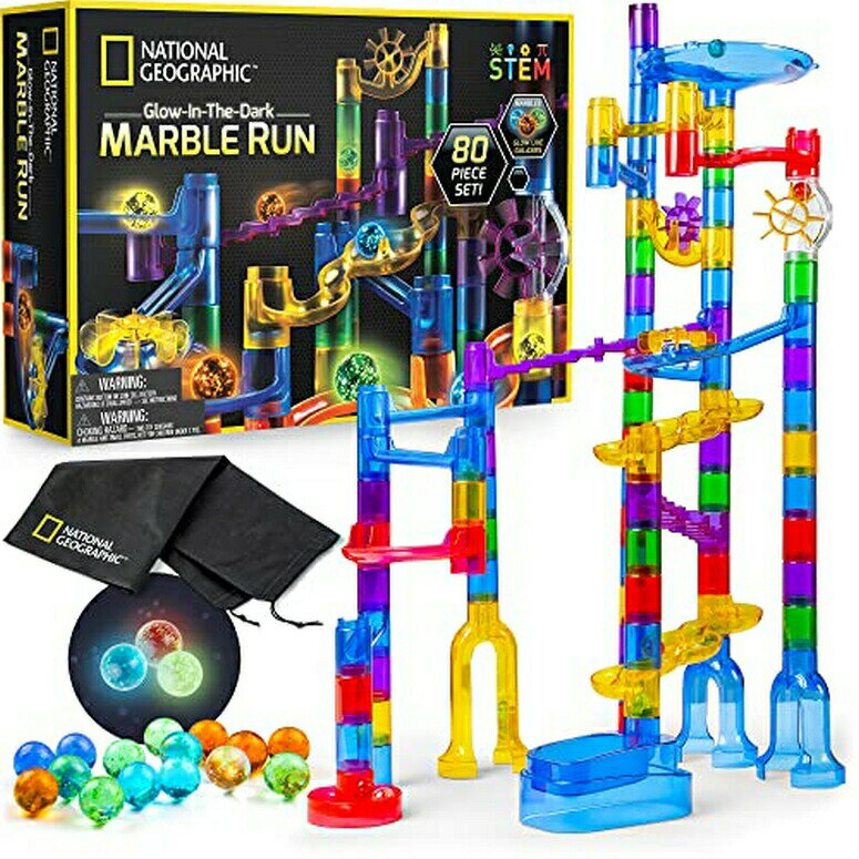 ナショナルジオグラフィック 光るマーブルラン NATIONAL GEOGRAPHIC Glowing Marble Run ? 80 Piece Construction Set with 15 Glow in the Dark Glass Marbles & Mesh Storage Bag, Educational STEM Toy, an AMAZON EXCLUSIVE Science Kit 【並行輸入品】