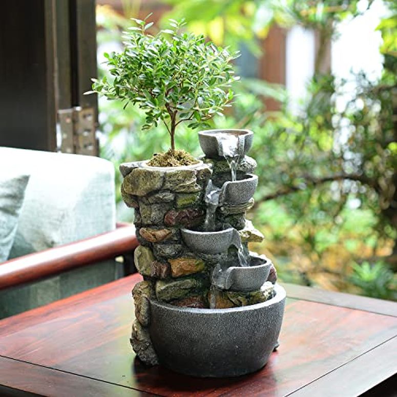 卓上 噴水 滝のオブジェ テーブルトップファウンテン インテリア噴水 Haobos Indoor Fountain 4-Bowl Rockery Soothing Sound Tabletop Fountains Home/Office Decor with a Small Plastic Pot to Grow The Plant by Yourself(Automatic Watering)(2 【並行輸入品】