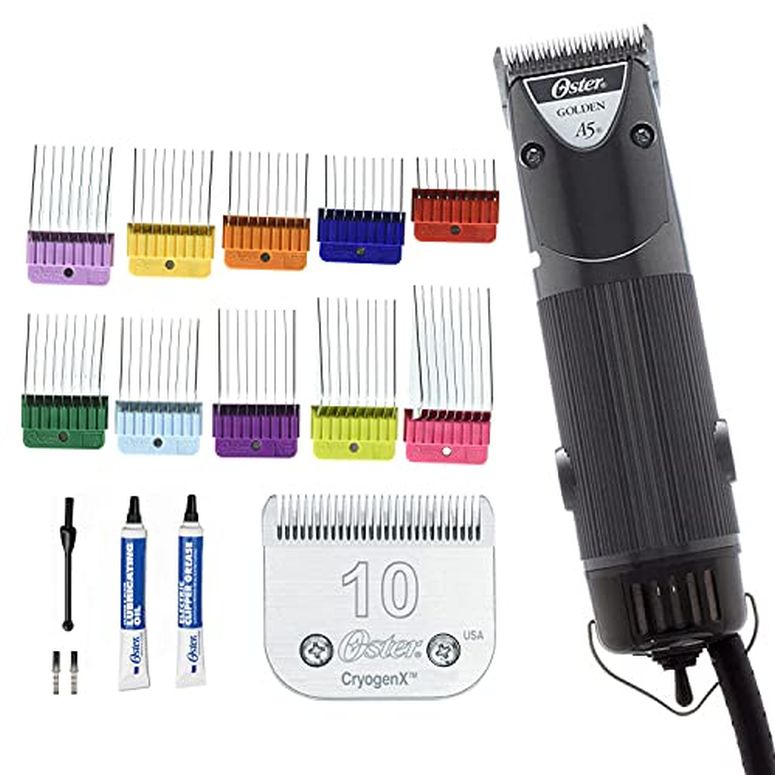 ybg oJ Oster Golden A5 Animal Pet 2-Speed Hair Clipper with Detachable CryogenX Size 10 Blade 10-Piece Stainless Steel Pet Clipper Guide Comb Kit (078936-100-000) ysAiz