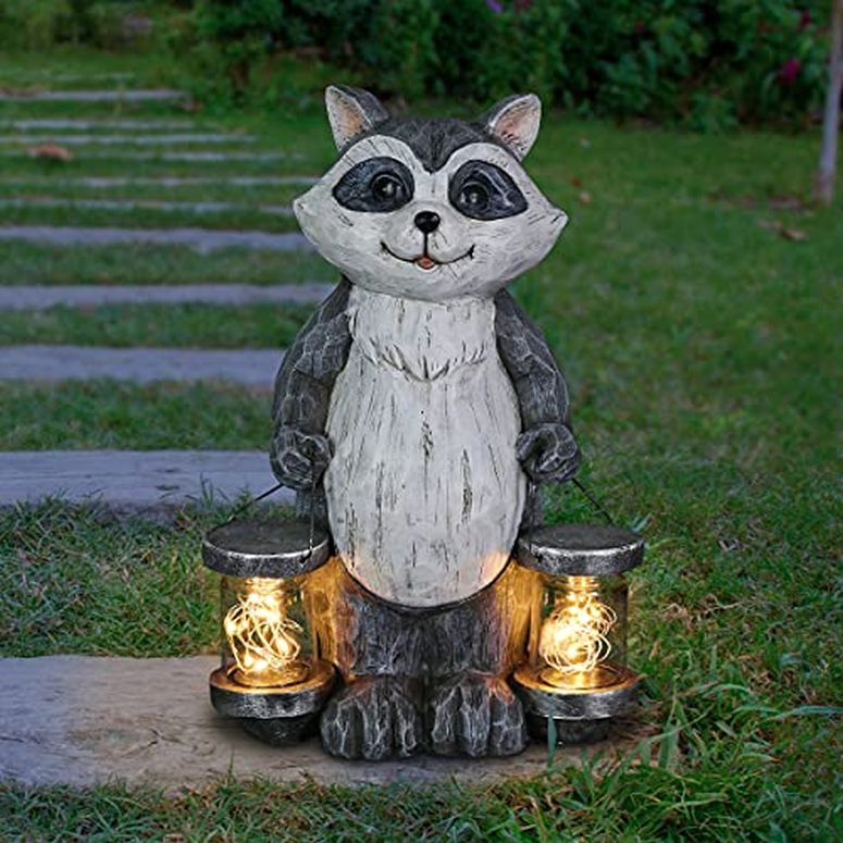 ǥ饤LED顼饤 顼ѥ Exhart Garden Sculpture, Raccoon Solar Garden Statue with 2 Jars, 16 LED Firefly Lights, Outdoor Garden Decoration, 7.5 x 9 x 10.5 Inch ¹͢ʡ