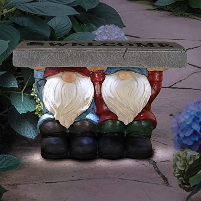 ガーデンライトLEDソーラーライト ソーラーパワー Exhart Solar Garden Gnome Statue, Welcome Bench, Durable Resin, Cute LED Garden D?cor, 14"x7"x10" 【並行輸入品】