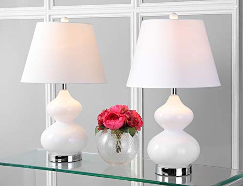 サファヴィヤ safavieh テーブルランプ サファビヤ サファヴィア SAFAVIEH Lighting Collection Eva Modern Contemporary White Double Gourd Glass 24-inch Bedroom Living Room Home Office Desk Nightstand Table Lamp Set of 2 (LED Bulbs Inclu 【並行輸入品】