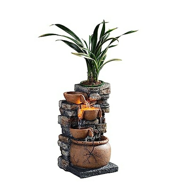 卓上 噴水 滝のオブジェ テーブルトップファウンテン インテリア噴水 Haobos Indoor Fountain 4-Bowl Rockery Soothing Sound Tabletop Fountains Home/Office Decor with a Small Plastic Pot to Grow The Plant by Yourself(Automatic Watering)(2 