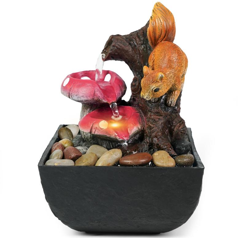 卓上 噴水 滝のオブジェ テーブルトップファウンテン インテリア噴水 Ferrisland Tabletop Water Fountain Indoor - 3 Tiered Waterfall Fountain Indoor Desktop Water Feature with Light Squirrels Animal Sculpture Relaxation Fountains and Waterfalls for Office