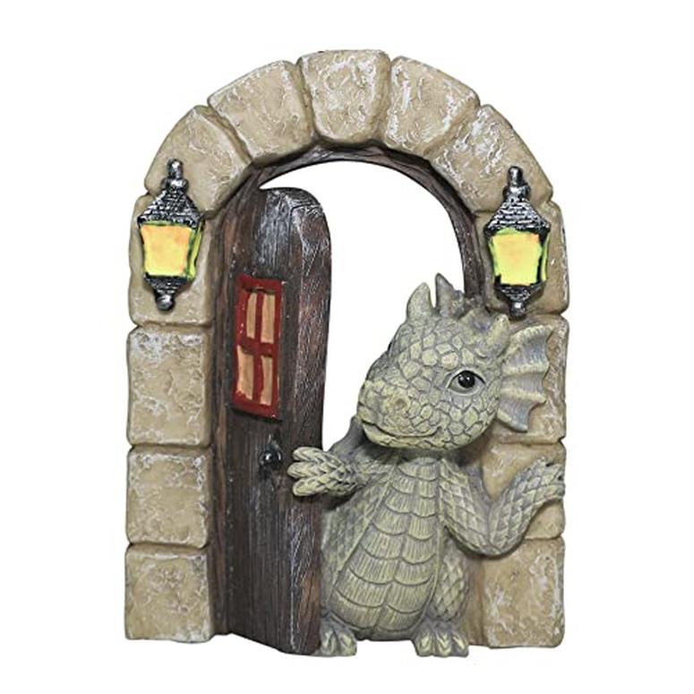 ガーデンライトLEDソーラーライト ソーラーパワー SHOWFEICAT Dragon Garden Ornament Resin Craft Ornament Statue Fairy Door Yard Art Outdoor and Garden Solar Light Luminous Sand Open Door Dragon Wall Statue Outdoors Decor (Open The Door)