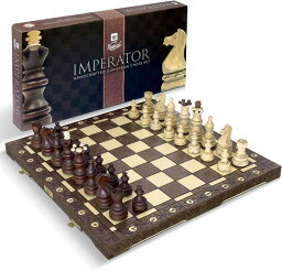 チェスセット Wegiel Imperator 21-Inch Luxury Wooden Chess Set for Adults and Kids - Handcrafted from Premium Beech and Birch Wood - Unique Folding Design with Chess Piece Storage, Brown