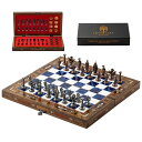 チェスセット Handmade Folding Wooden Chess Set with Metal Pieces ? Walnut Wood Board ? Luxury Chess Gift for Adults ? Travel Friendly ? 6 Color Options (Copper-Silver Pieces, Blue) 【並行輸入品】