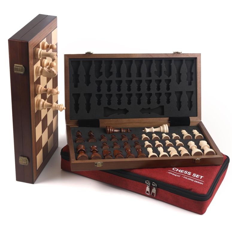 チェスセット 15" Magnetic Chess Set with Foldable Board & Travel Bag - Professional Wooden Chess Game, Luxury Storage Bag - Perfect Christmas/Birthday for Men, Dad (Chess Set + Bag) 【並行輸入品】