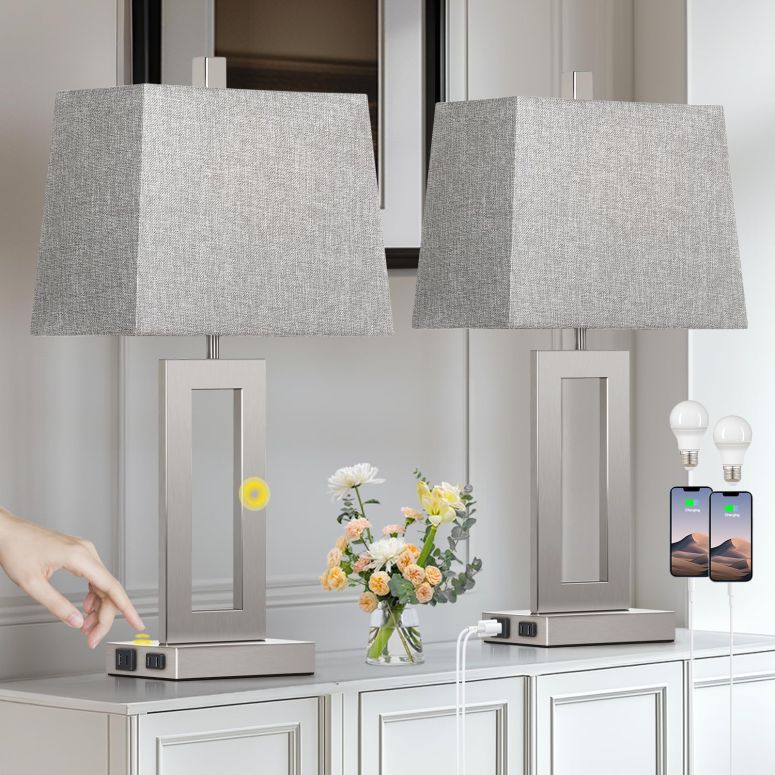 MJ-MARKET㤨֥ե safavieh ơ֥ եӥ ե Cinkeda Touch Control Table Lamp Set of 2, Modern Silver Bedside Lamps with USB C+A Ports & AC Outlet, 3 Way Dimmable Bedroom Lamps for Night Stands Bedroom Living Room,N ¹͢ʡۡפβǤʤ38,700ߤˤʤޤ