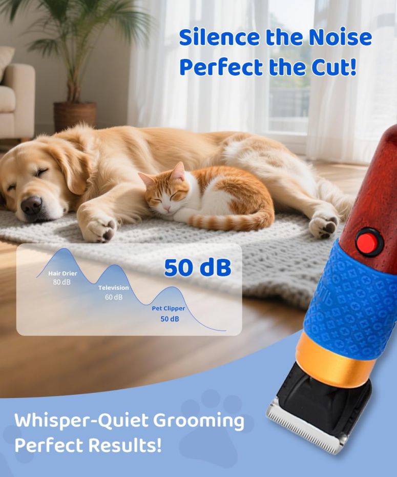 MJ-MARKETのペットバリカン 200W Professional Dog Grooming Clippers with Stepless Speed Control, Low Noise ＜50dB Pet Hair Trimmer Kit, Solid Wood Handle, 2 Blades, Dual-Sided Guide Combs, Heavy-Duty Plug-in Clippers for Cats 【並行輸入品】｜アングル3