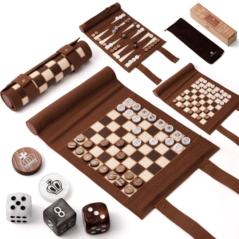 チェスセット Woodronic 3 in 1 Chess Checkers Backgammon Set, Roll-up Leather Travel Chess Board Game, Portable Travel Backgammon Game Set for Adult, Travel Checkers Game with 32 Amber Pearl Pieces and 5 Dices 【並行輸入品】