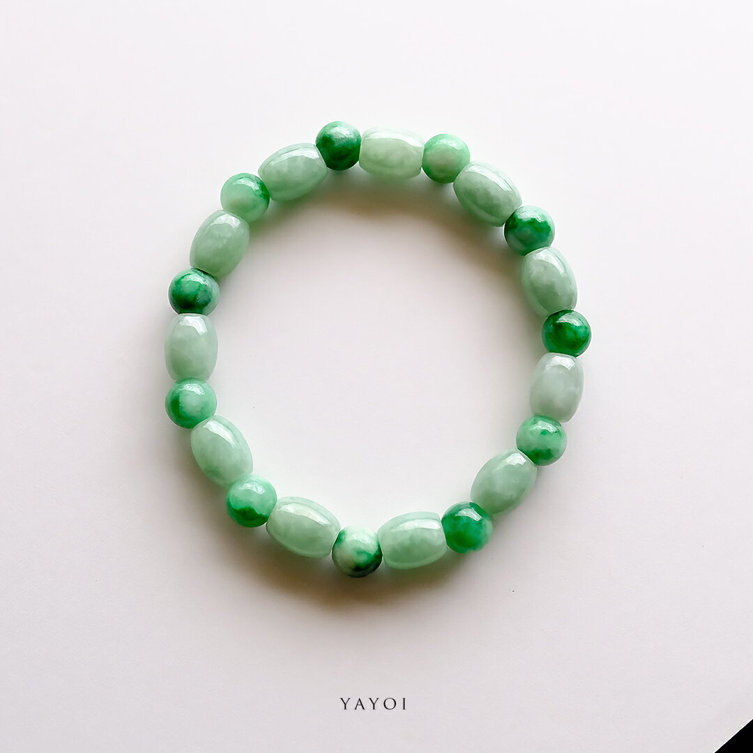 翡翠(ヒスイ) 丸玉＆管玉ブレスレット『Yayoi』（グリーン翡翠/内周15.5cm）一点物 無着色 上質 ミャンマー産 天然ひすい ジェダイト 硬玉 天然石 パワーストーン 5月誕生石 プレゼント ビーズ シリコンゴム【送料無料】