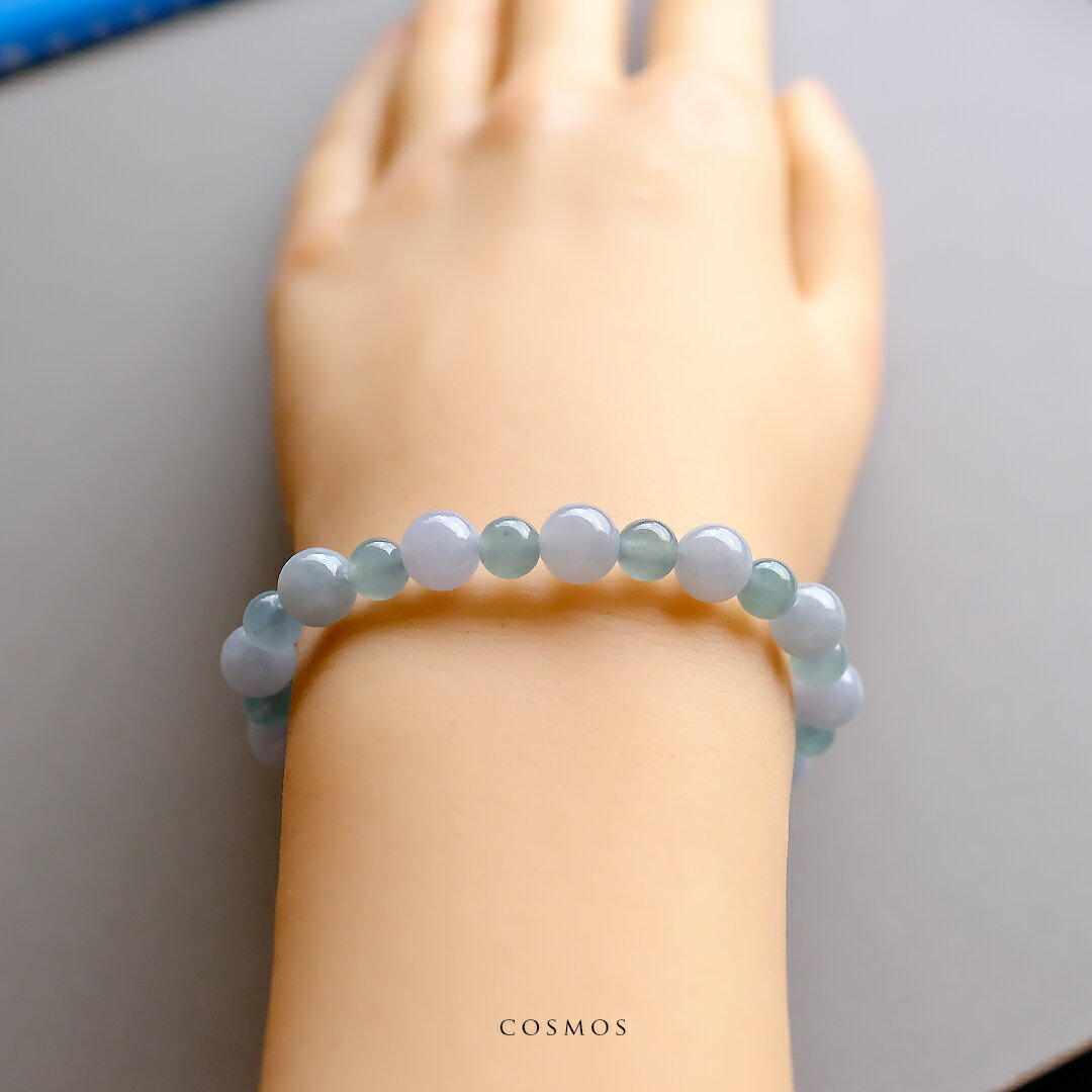 翡翠(ヒスイ) 丸玉ブレスレット『COSMOS』(グアテマラブルー&ラベンダーブルー翡翠/内周16.5cm)一点物 無着色 上質 ミャンマー&グアテマラ産天然ひ...