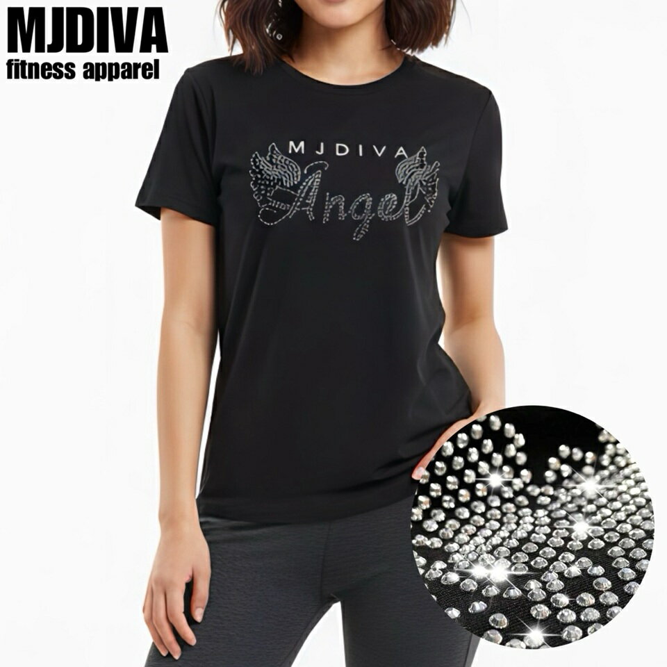 ラインストーンストレッチTシャツエンジェル 美尻 美脚 フィットネスウェア スポーツウェア 筋トレ 可..