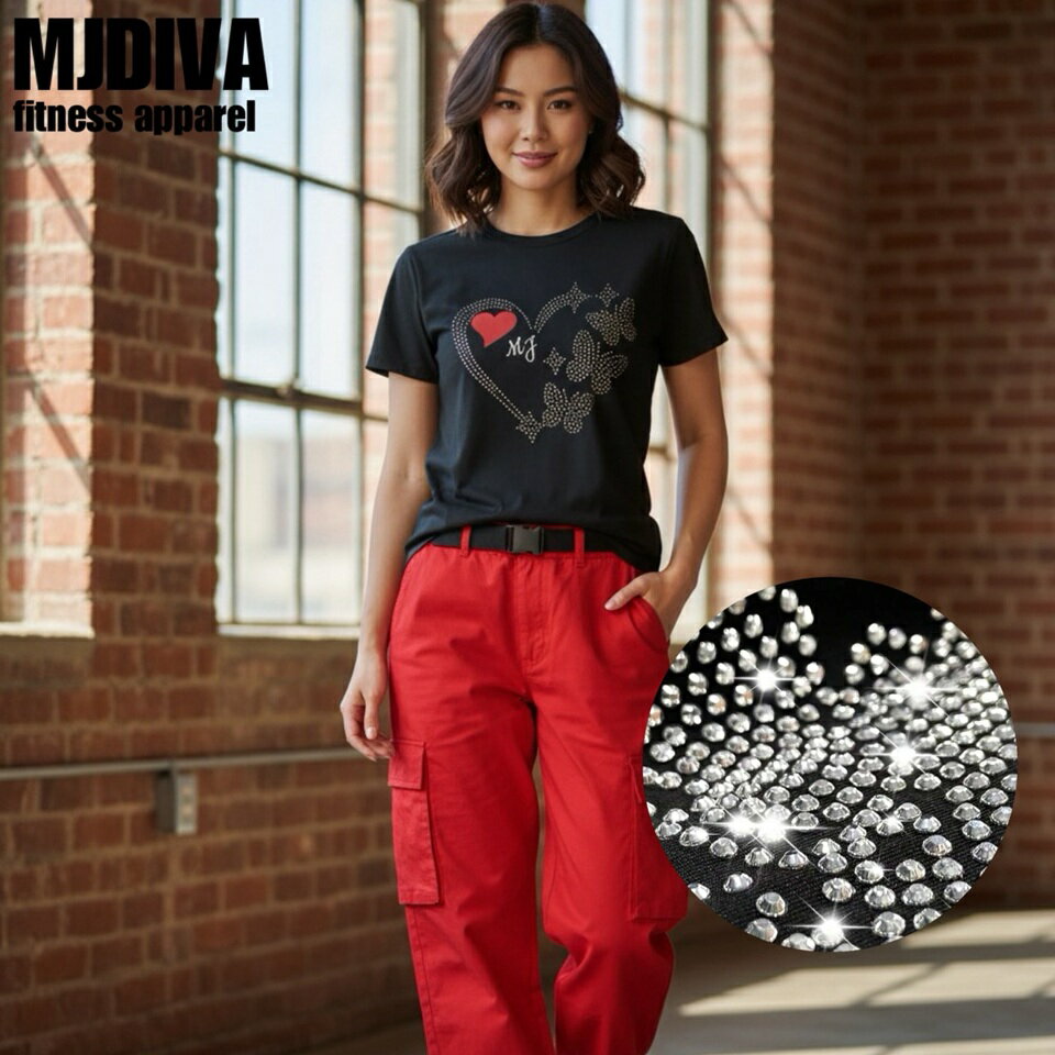 ラインストーンストレッチTシャツハート 美尻 美脚 フィットネスウェア スポーツウェア 筋トレ 可愛いトレーニングウェア 脚長効果 ダンスウェア レギンス ヨガウェア ピラティスウェア