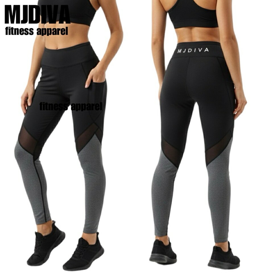 スマホポケット付きメッシュ切り替え美脚レギンス