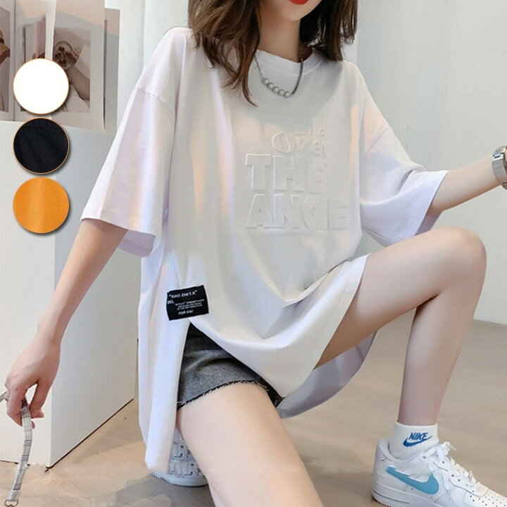 tシャツ 半袖 レディース 夏 ロンティー カットソー サイドスリット 英字柄 tシャツ おしゃれ