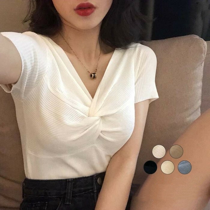 半袖Tシャツ リブニット トップス サマーニット レディース 半袖 サマーニット Tシャツ リブ 涼しい 夏服