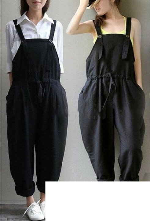 レディース サロベット 綿麻混 オーバーオール オールインワン ロングパンツ ワイドパンツ ゆったり 大きいサイズ 可愛い