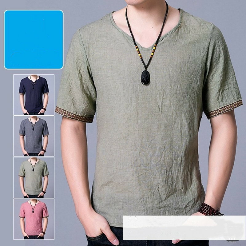 Tシャツ 半袖 メンズ V襟 綿麻風 切り替え トップス エスニック シンプル 夏服 おしゃれ コーデ 薄手