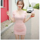 レディース 半袖 ワンピース Uネック タイトワンピース Tシャツワンピ 無地 ミニワンピース サマー スリム 細身 通勤 二次会 お洒落 着痩せ 夏(4)