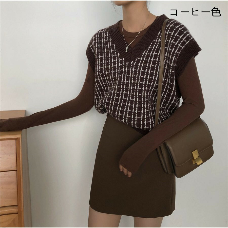 V-Neck - スクール風 学生 レディース チェック柄 セーター Vネック ニットベスト チョッキ ジレ トップス ゆったり ニットソー 秋服