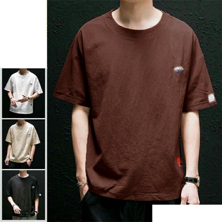 Tシャツ 綿麻 カットソー リネンtシャツ クルーネック メンズ Tシャツ 刺繍 シンプ...